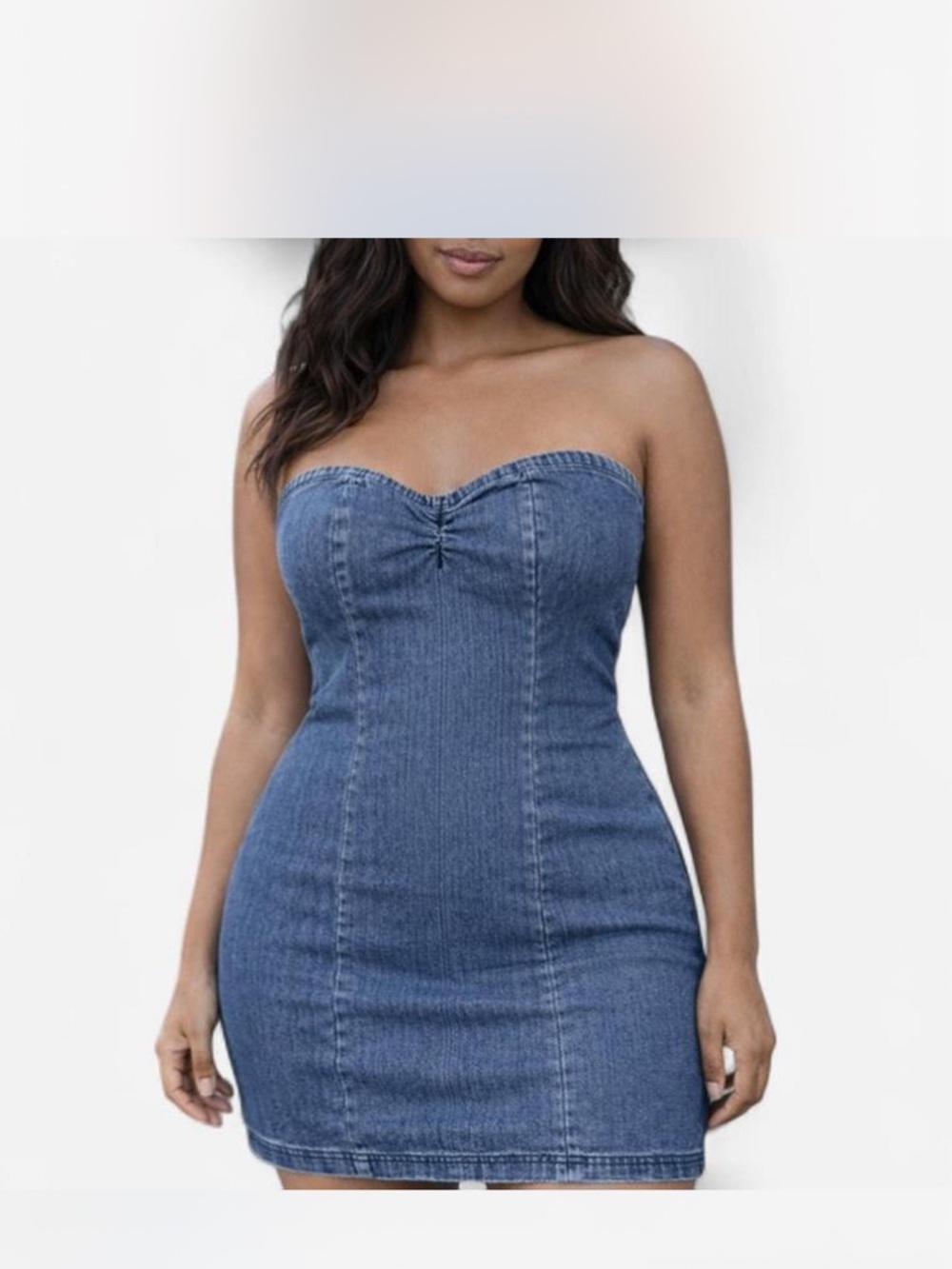 Denim Strapless Sweetheart Mini Dress in Blue